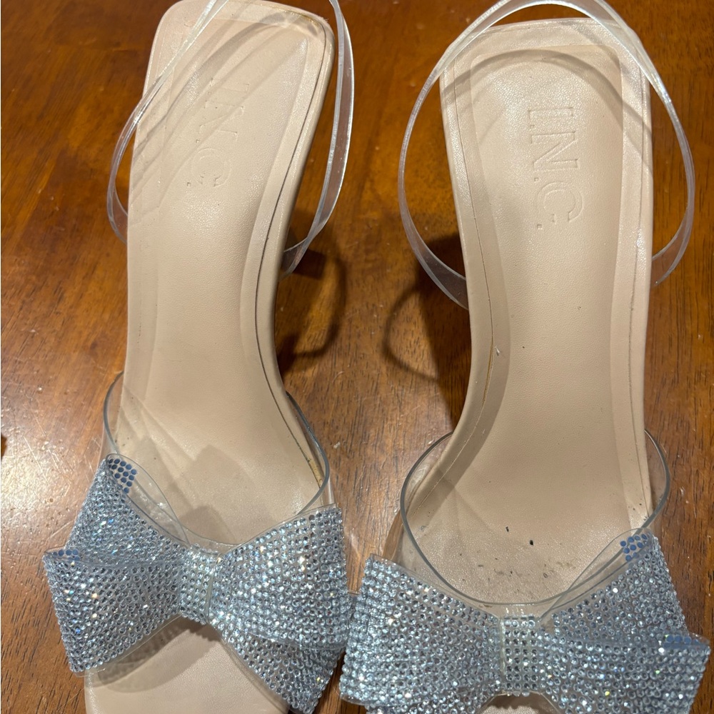 INC International Concepts Clear Strap Heels with Sparkling Silver Bow